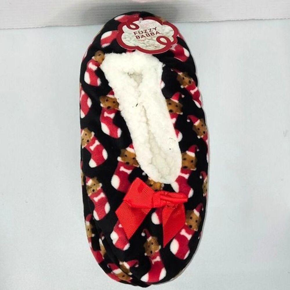 FUZZY BABBA Slippers Sherpa Fleece Gripper Sole Dog Christmas Size Women 7-9 NWT